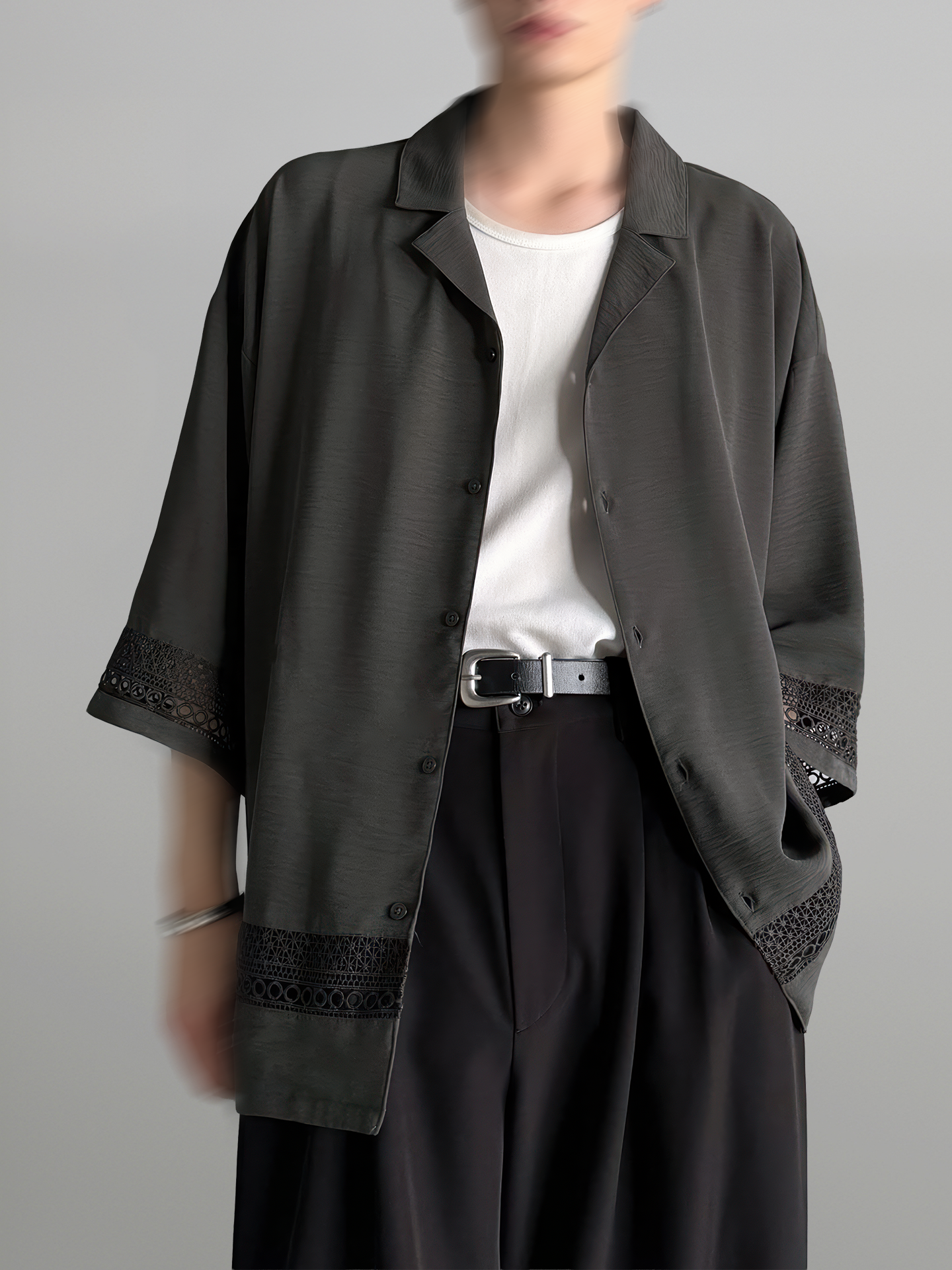 Lace Panel Open Collar Shirt