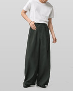 Linen-like Belted Wide Straight Pants