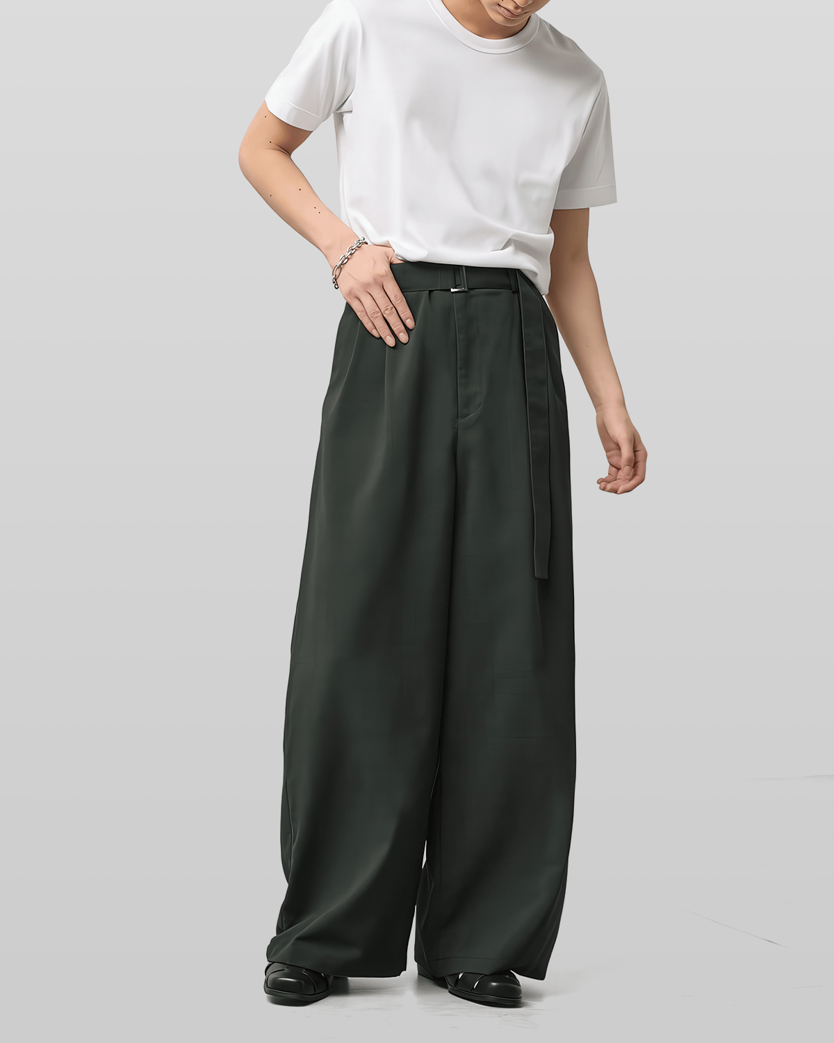 Linen-like Belted Wide Straight Pants