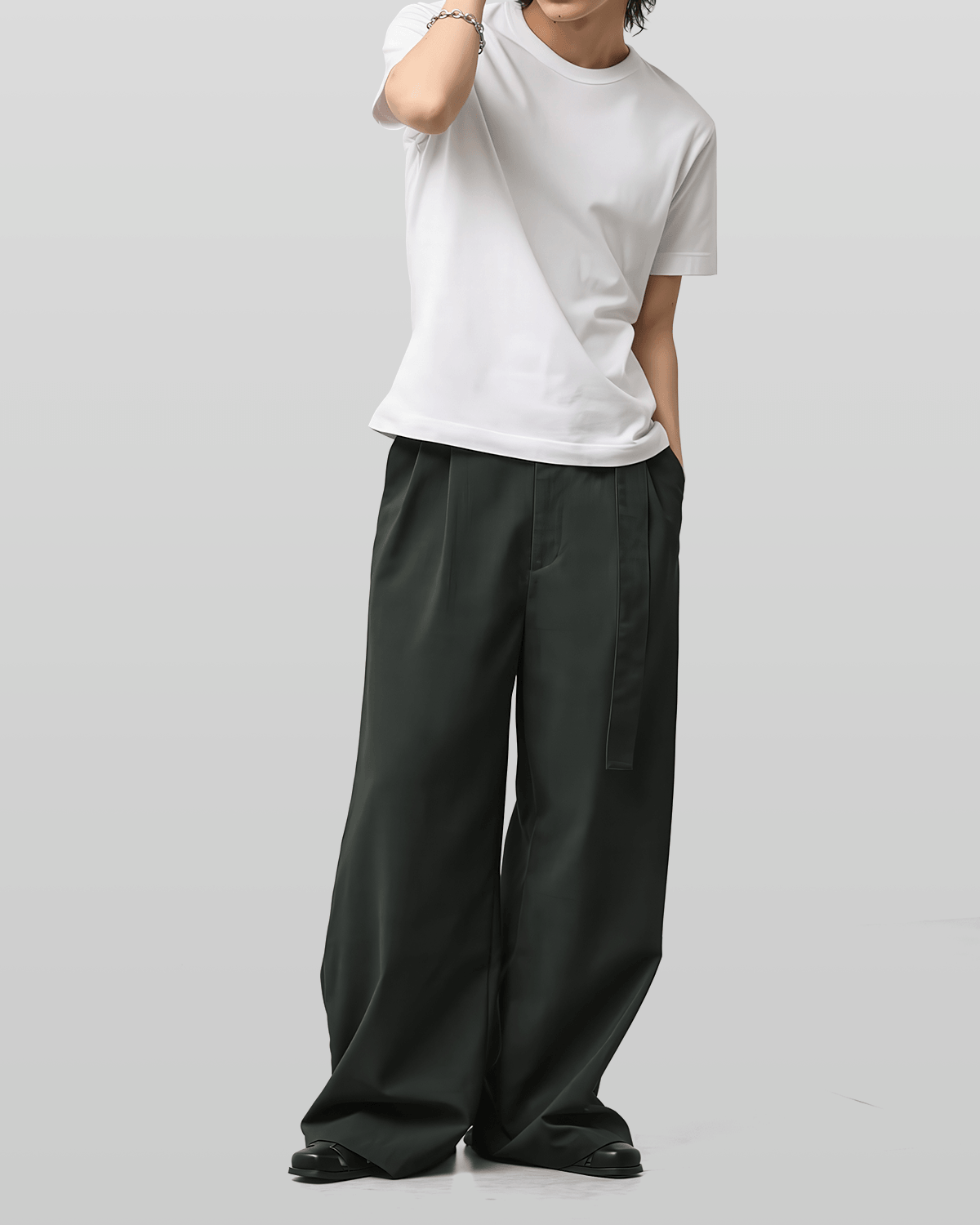 Linen-like Belted Wide Straight Pants