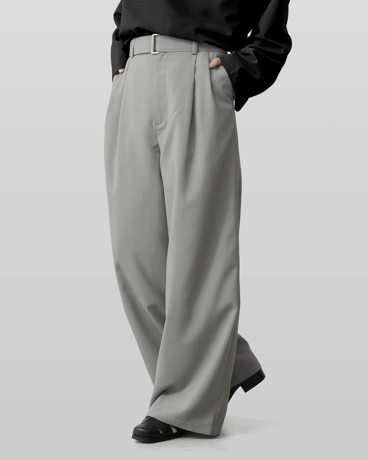 Linen-like Belted Wide Straight Pants