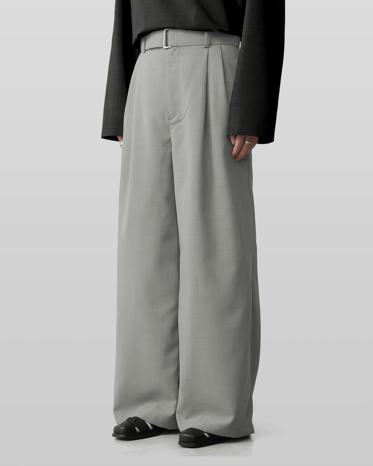 Linen-like Belted Wide Straight Pants