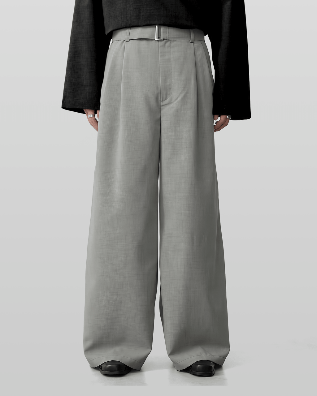 Linen-like Belted Wide Straight Pants