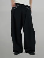 Silver Studded Striped Wide Pants black – Front view | wide-leg / pleated / relaxed tailoring | UNPROVEN