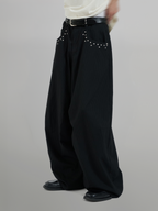 Silver Studded Striped Wide Pants black – Detail | wide-leg / pleated / relaxed tailoring | UNPROVEN
