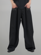 Silver Studded Striped Wide Pants black – Detail | wide-leg / pleated / relaxed tailoring | UNPROVEN