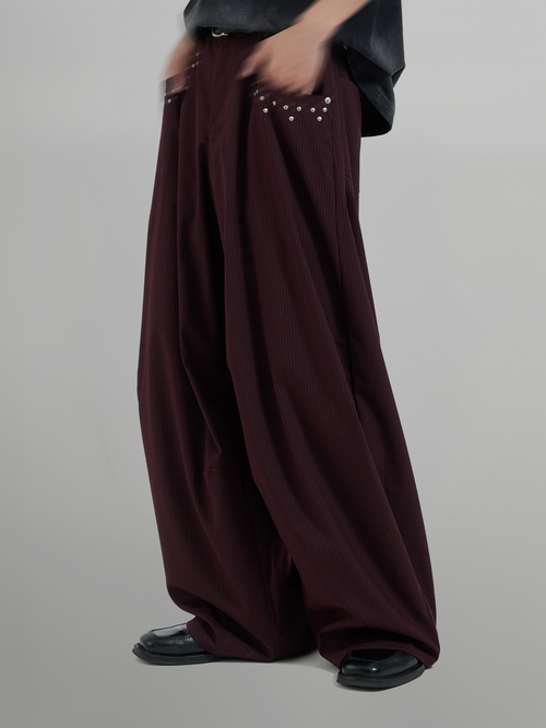 Silver Studded Striped Wide Pants burgundy – Front view | wide-leg / pleated / relaxed tailoring | UNPROVEN