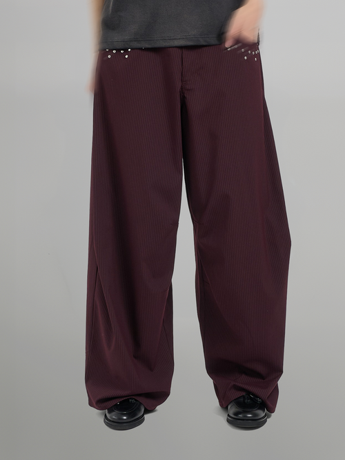 Silver Studded Striped Wide Pants burgundy – Detail | wide-leg / pleated / relaxed tailoring | UNPROVEN
