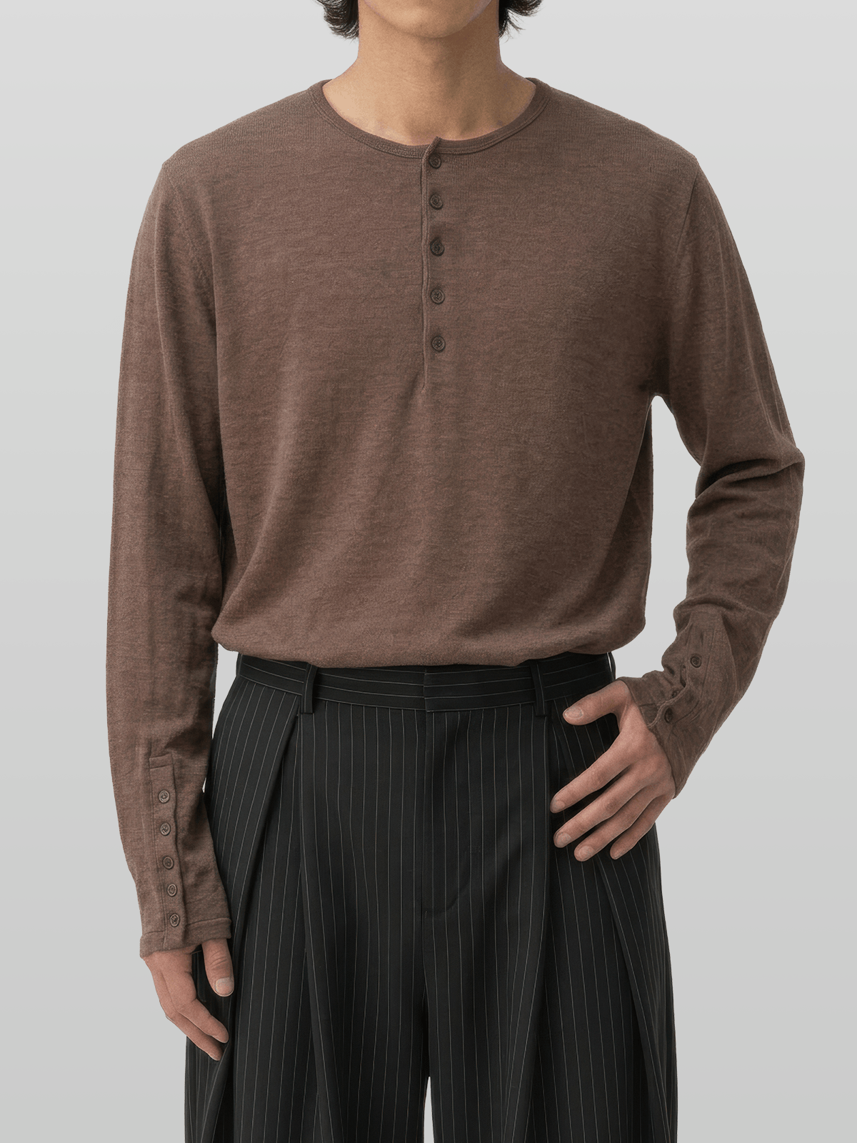 Button-Cuff Henley Neck T-Shirt