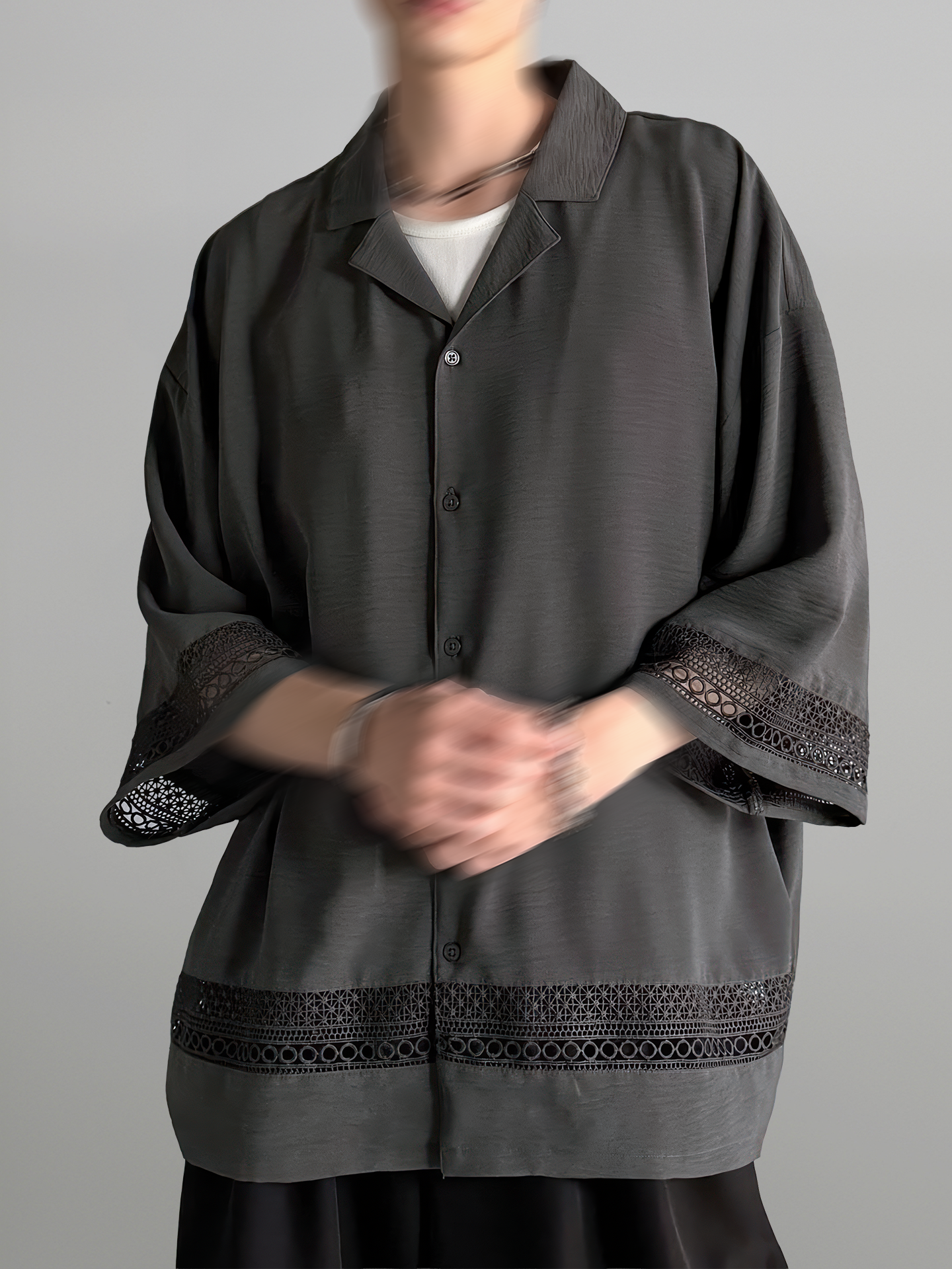 Lace Panel Open Collar Shirt