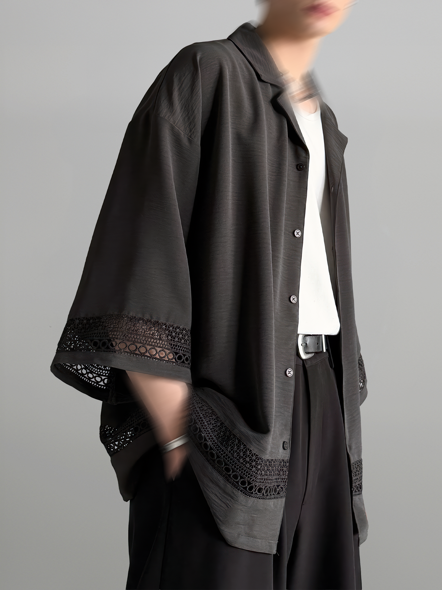 Lace Panel Open Collar Shirt