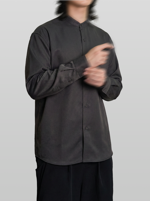 Wool-Like Collarless Shirt charcoal – Front view | relaxed tailoring / semi-wide fit | UNPROVEN