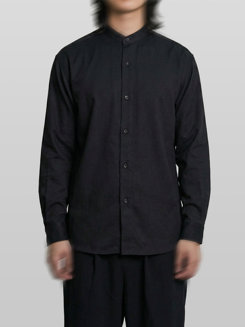 Wool-Like Collarless Shirt black – Front view | relaxed tailoring / semi-wide fit | UNPROVEN
