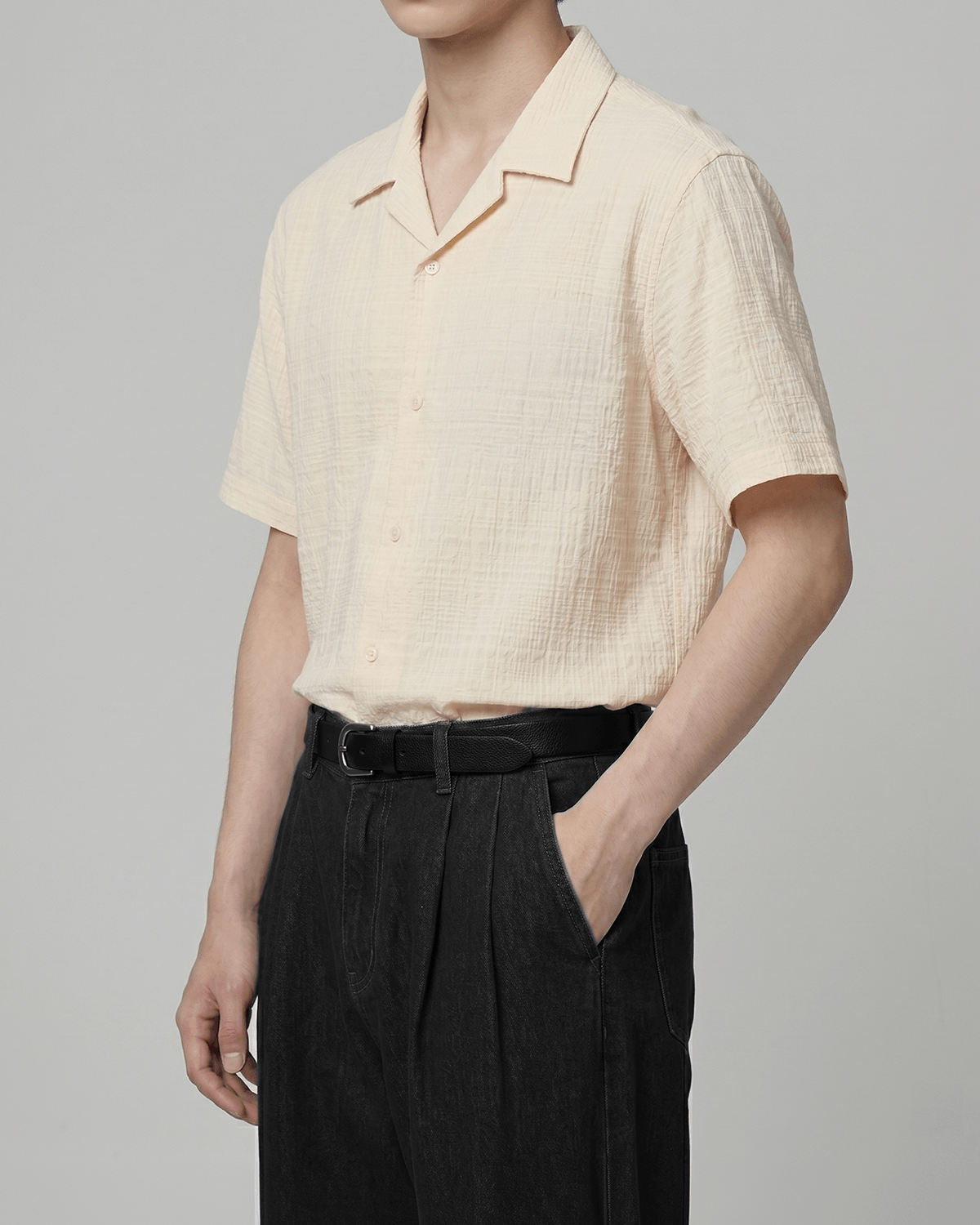 Crinkle Texture Open Collar Shirt