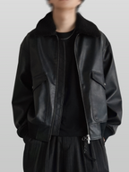 Detachable Boa Artificial Grain Flight Blouson black – Front view | architectural outerwear / structured | UNPROVEN