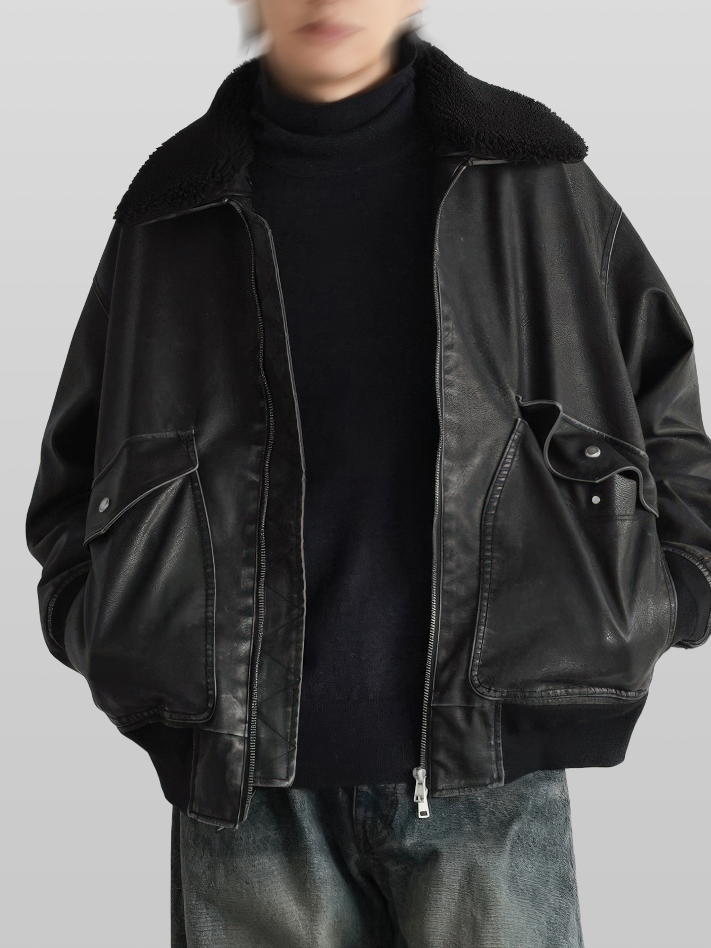 Detachable Boa Artificial Grain Flight Blouson