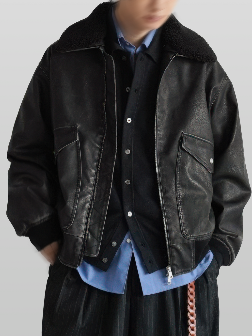 Detachable Boa Artificial Grain Flight Blouson