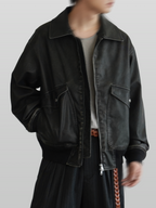 Detachable Boa Artificial Grain Flight Blouson vintage-black – Front view | architectural outerwear / structured | UNPROVEN