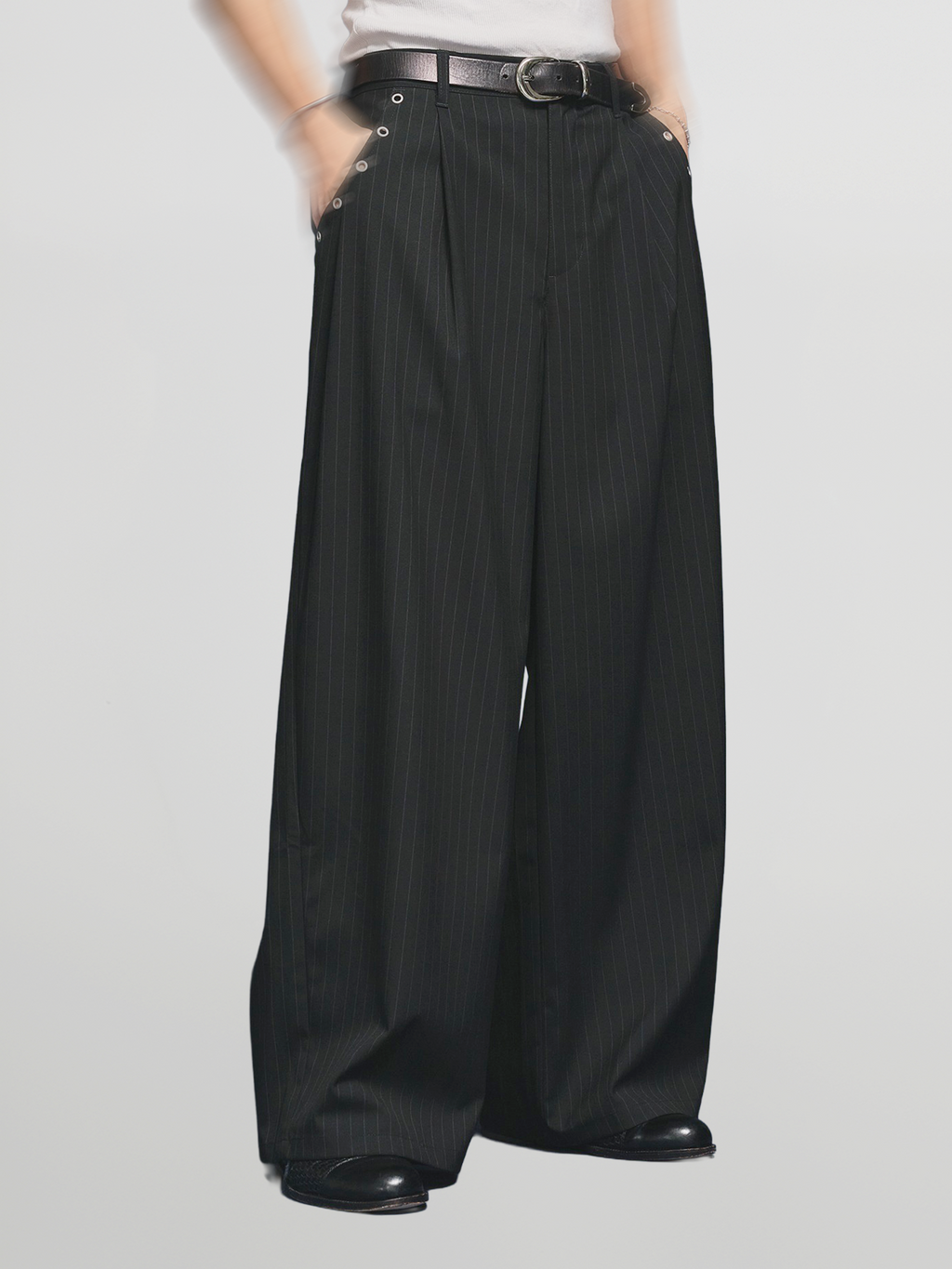 Eyelet-Detail Striped Wide Pants