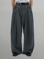 Silver Studded Striped Wide Pants gray-1 – Front view | wide-leg / pleated / relaxed tailoring | UNPROVEN