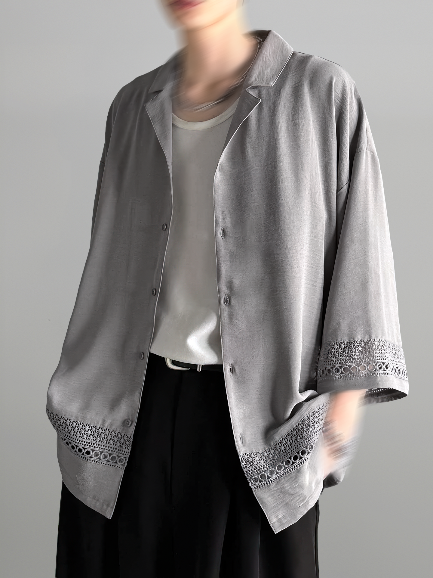 Lace Panel Open Collar Shirt