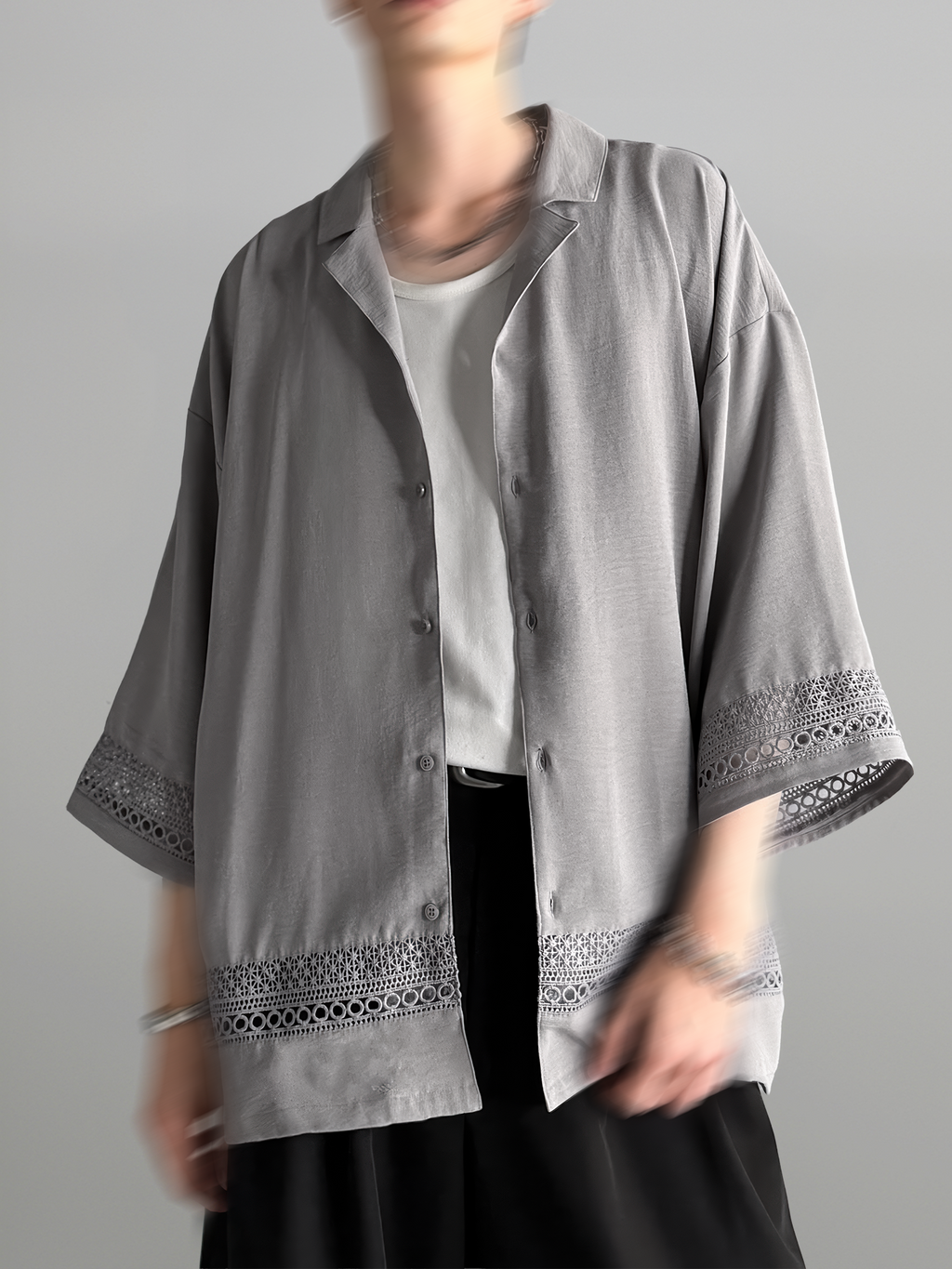 Lace Panel Open Collar Shirt