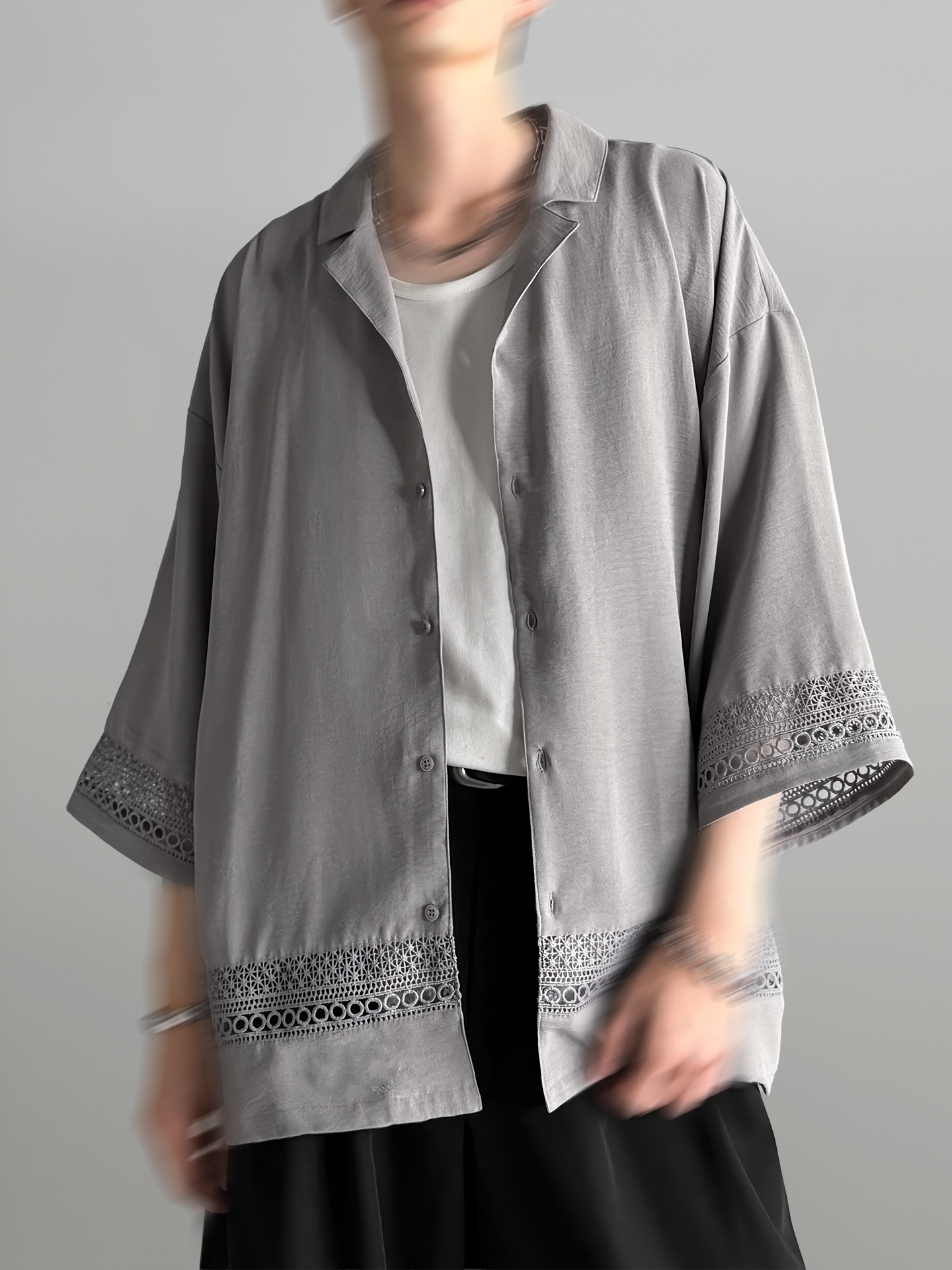 Lace Panel Open Collar Shirt