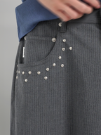 Studded Striped Wide Pants Gray-1 – Front view | clean essentials / minimalist | UNPROVEN