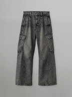 Washed Curved Cargo Denim Jeans indigo-blue – Front view | wide-leg denim / relaxed denim | UNPROVEN