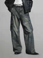 Washed Curved Cargo Denim Jeans indigo-blue – Front view | wide-leg denim / relaxed denim | UNPROVEN