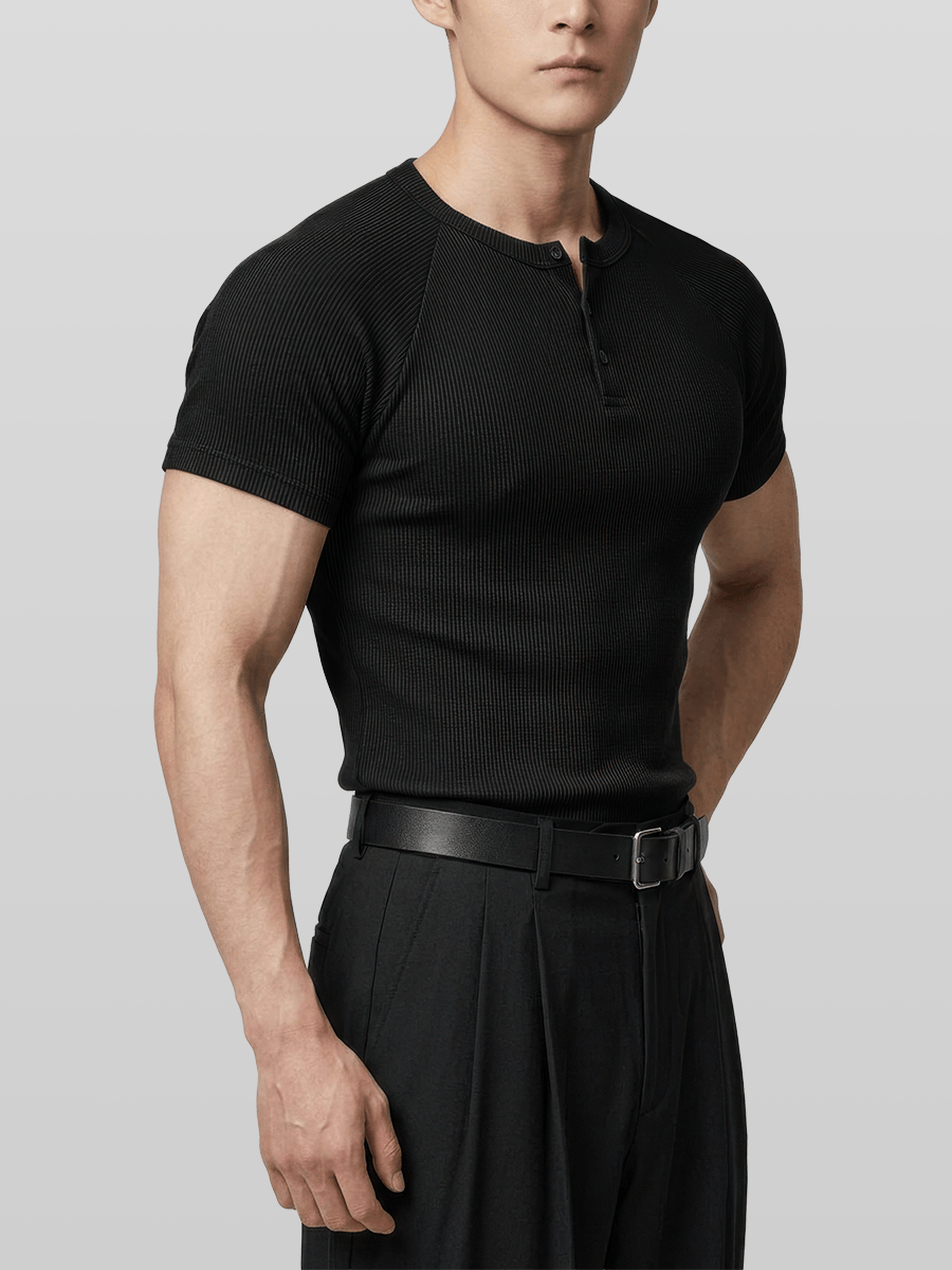 Muscle-Fit Henley Neck Ribbed T-Shirt