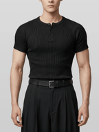 Muscle-Fit Henley Neck Ribbed T-Shirt