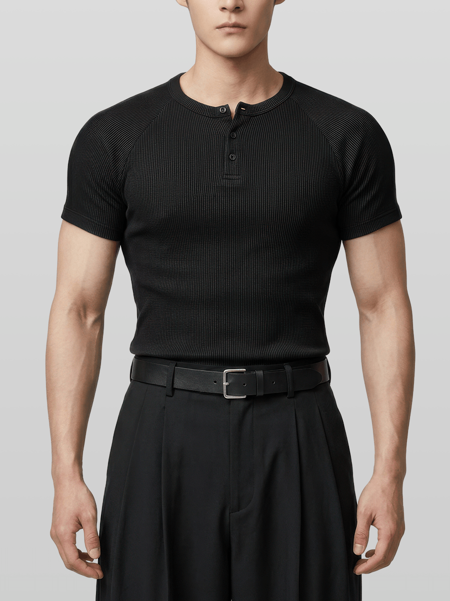 Muscle-Fit Henley Neck Ribbed T-Shirt