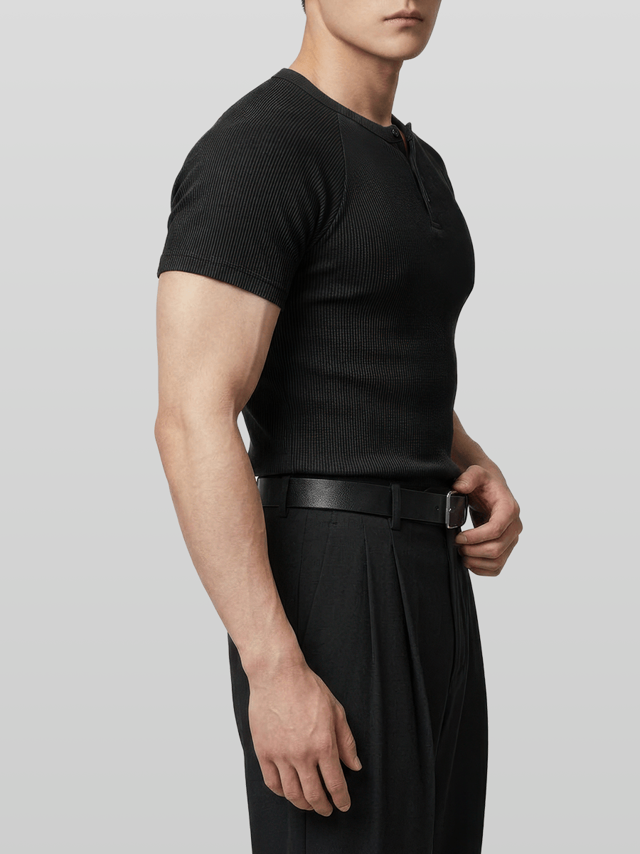 Muscle-Fit Henley Neck Ribbed T-Shirt