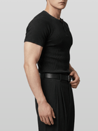 Muscle-Fit Henley Neck Ribbed T-Shirt