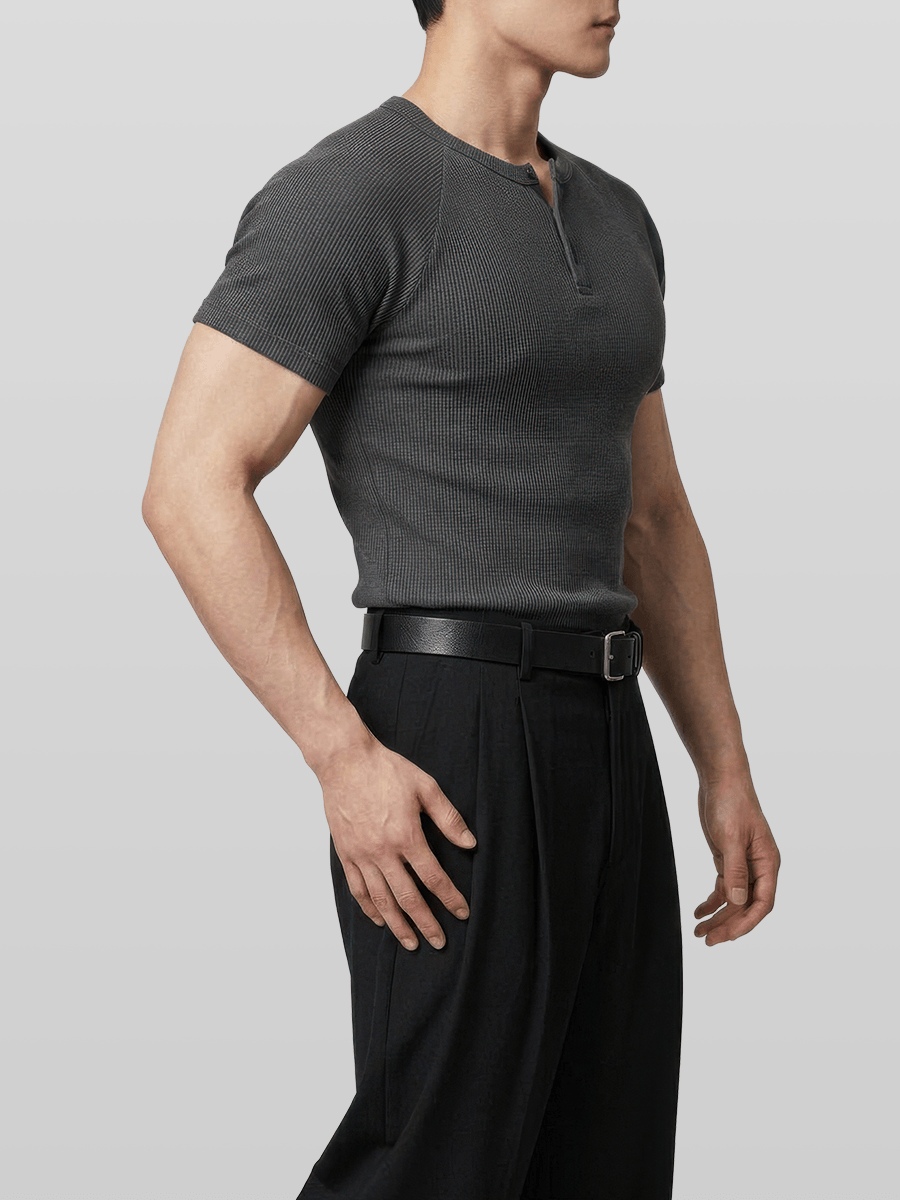 Muscle-Fit Henley Neck Ribbed T-Shirt