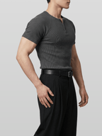 Muscle-Fit Henley Neck Ribbed T-Shirt