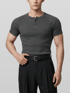 Muscle-Fit Henley Neck Ribbed T-Shirt