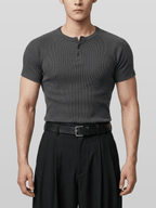 Muscle-Fit Henley Neck Ribbed T-Shirt
