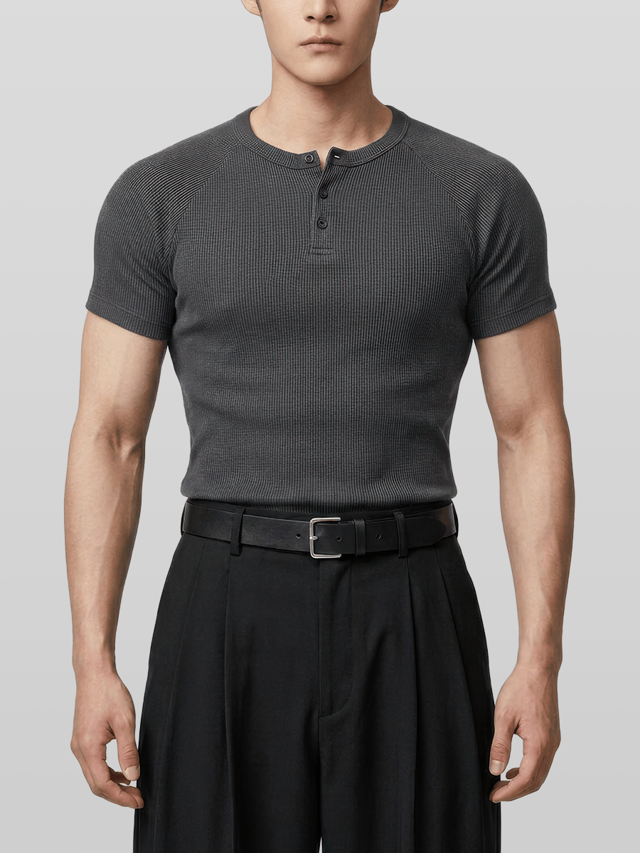 Muscle-Fit Henley Neck Ribbed T-Shirt