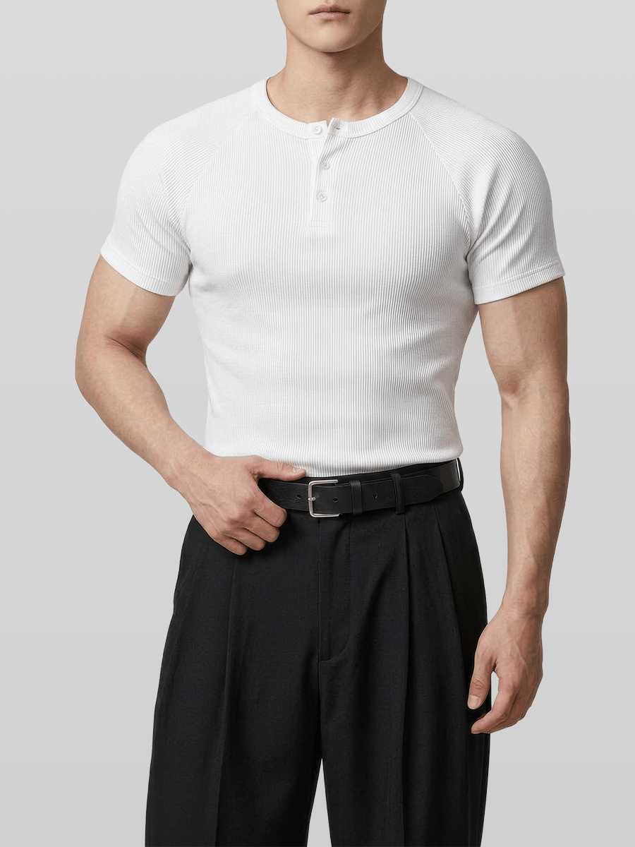 Muscle-Fit Henley Neck Ribbed T-Shirt