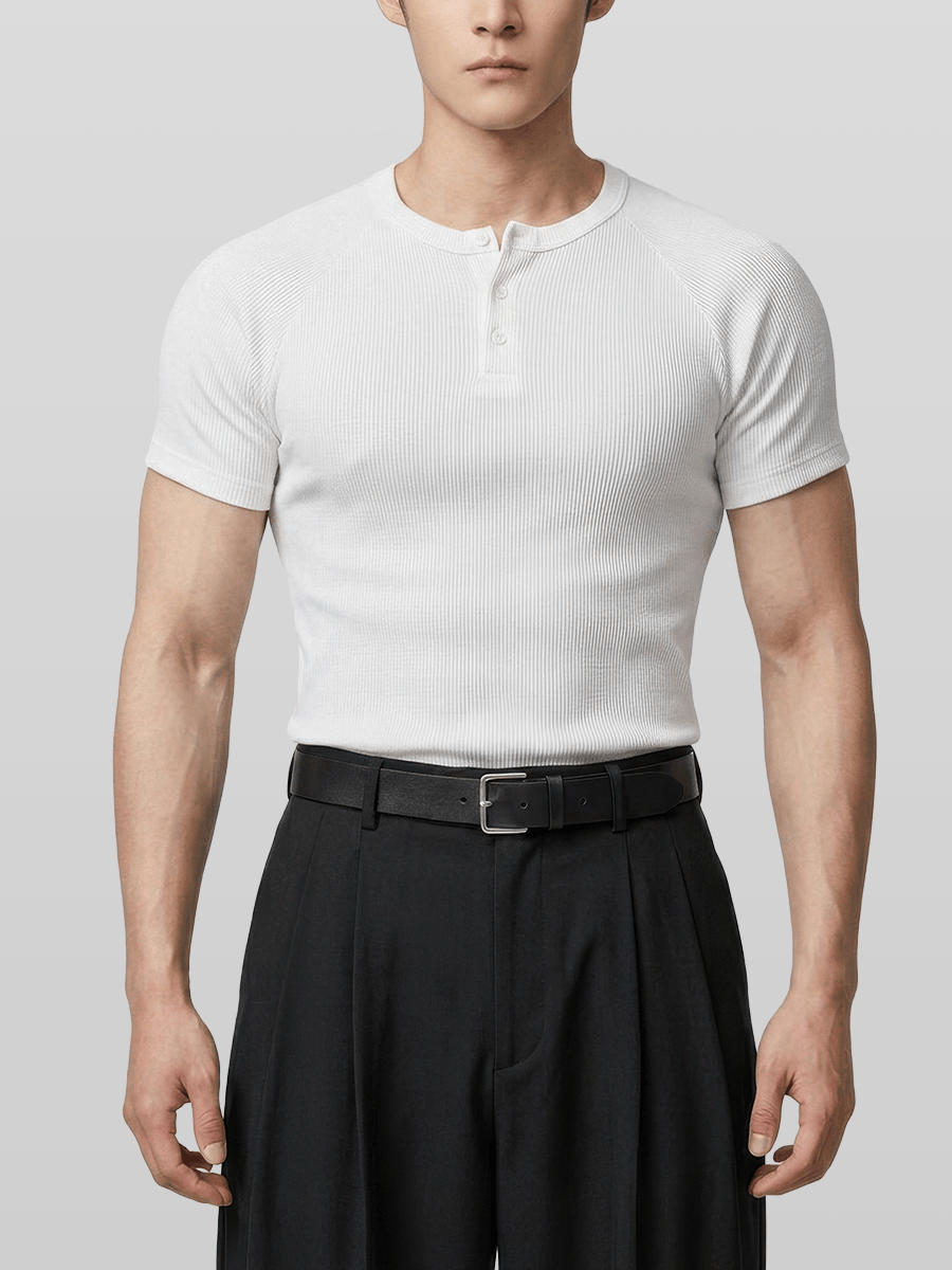 Muscle-Fit Henley Neck Ribbed T-Shirt