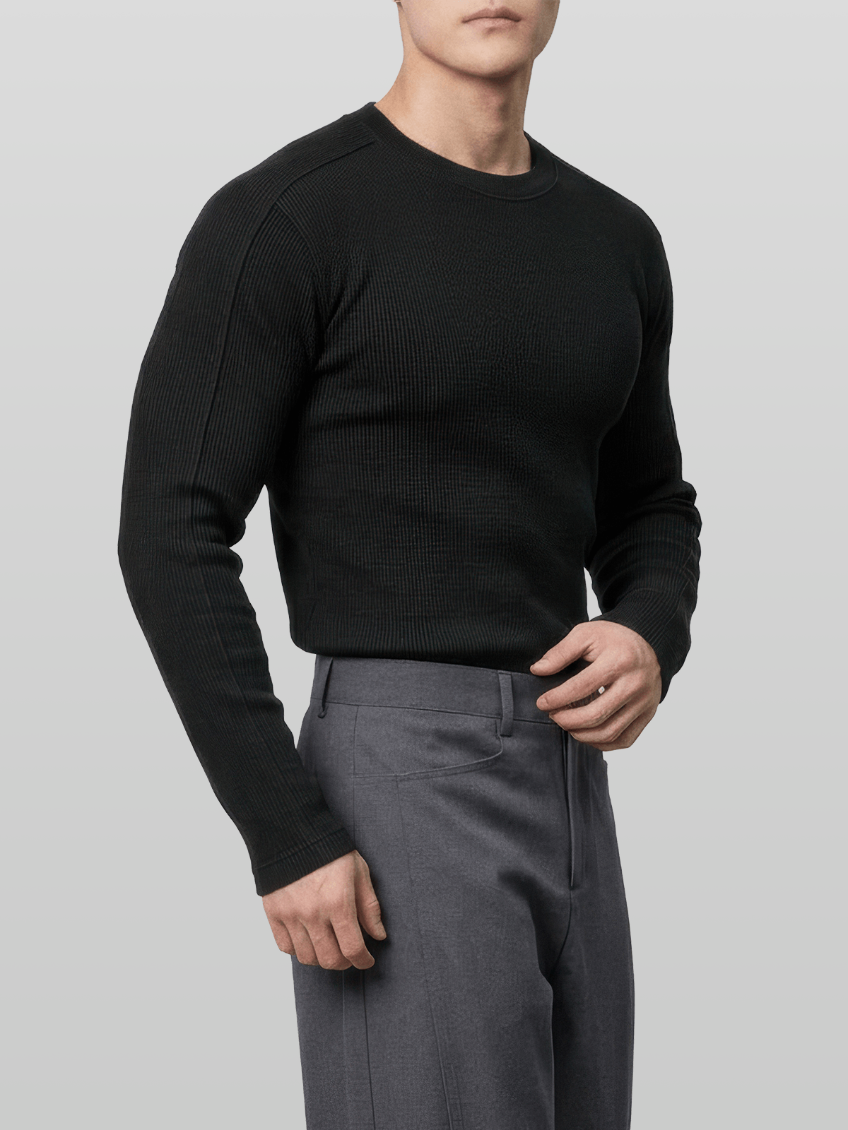 Muscle-Fit Ribbed Long Sleeve T-Shirt Gray
