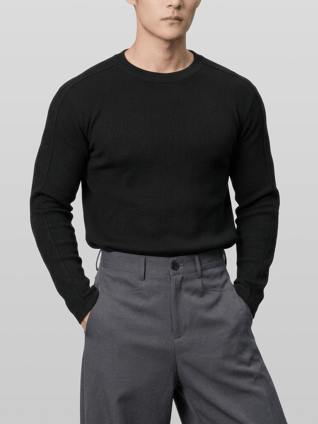 Muscle-Fit Ribbed Long Sleeve T-Shirt Gray