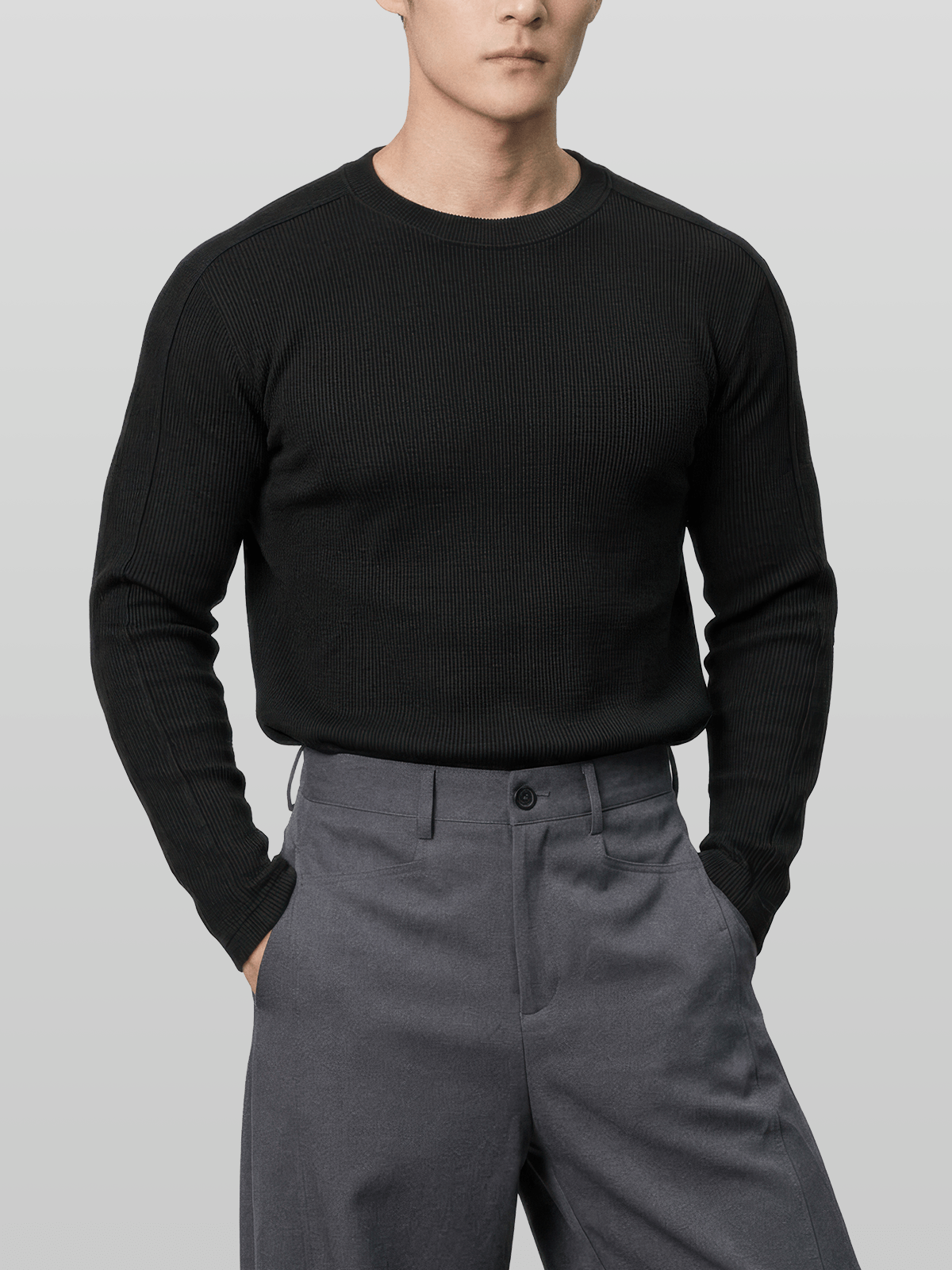 Muscle-Fit Ribbed Long Sleeve T-Shirt Gray