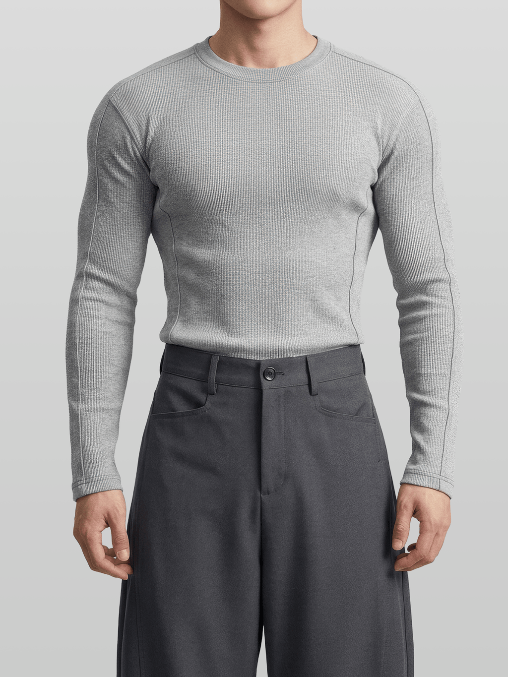 Muscle-Fit Ribbed Long Sleeve T-Shirt Gray