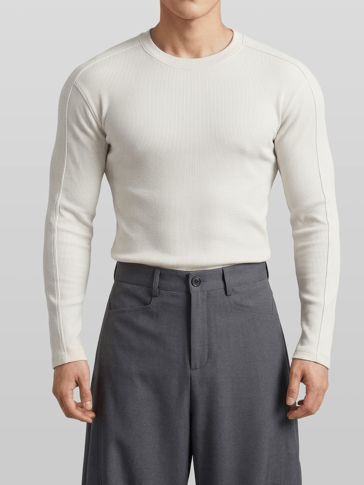 Muscle-Fit Ribbed Long Sleeve T-Shirt Gray