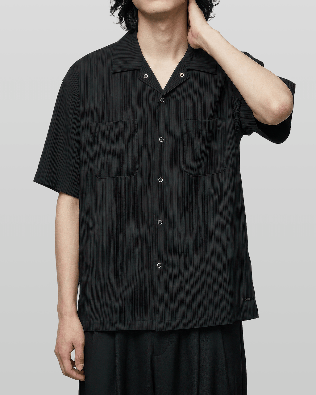 Open-Collar Crepe Button-up Sheer Shirt
