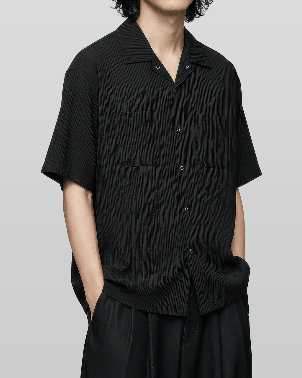 Open-Collar Crepe Button-up Sheer Shirt