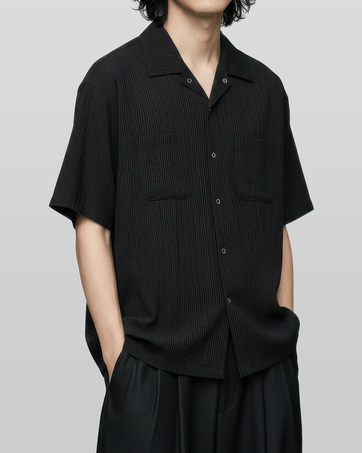 Open-Collar Crepe Button-up Sheer Shirt
